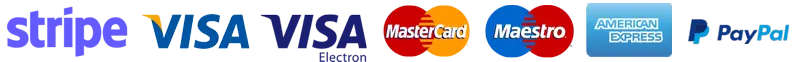 Payment methods: Stripe, Visa, MasterCard, Maestro, American Express, PayPal.