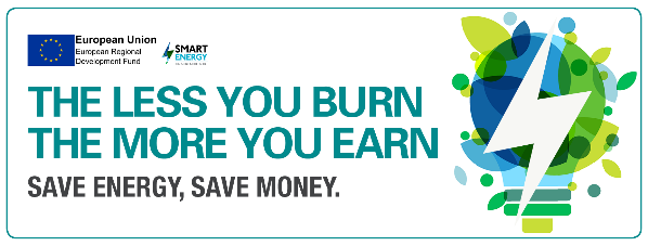 European Regional Development Fund logo image with slogan "The less you burn, the more you earn, Save Energy, Save Money." on white background.