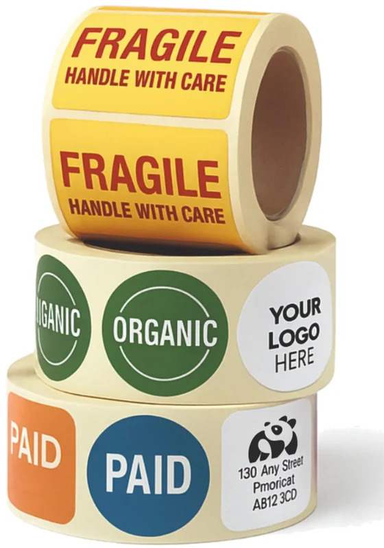 Three rolls of printed labels