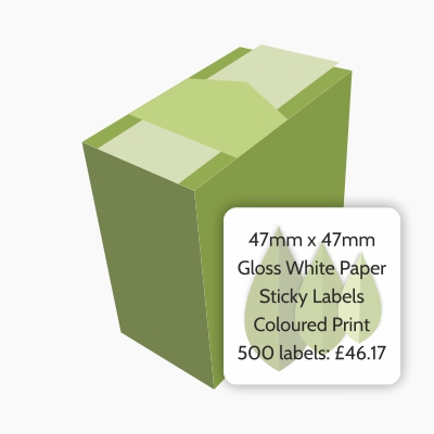 47mm square gloss white paper sticky labels. full colour print. 500 labels £46.17
