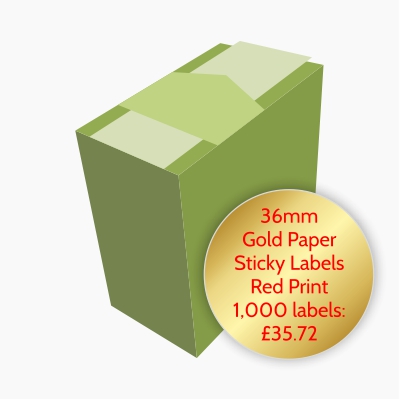 36mm gold paper sticky labels, red print. 1000 labels £35.72