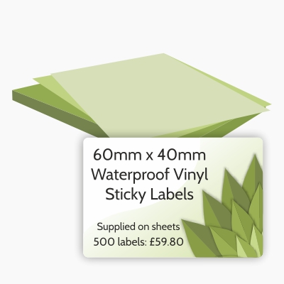 waterproof vinyl sticky labels. full colour print. 60mm x 40mm £59.80 for 500 labels