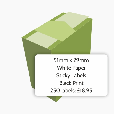 51mm x 29mm white paper sticky labels, black print. 250 labels £18.95