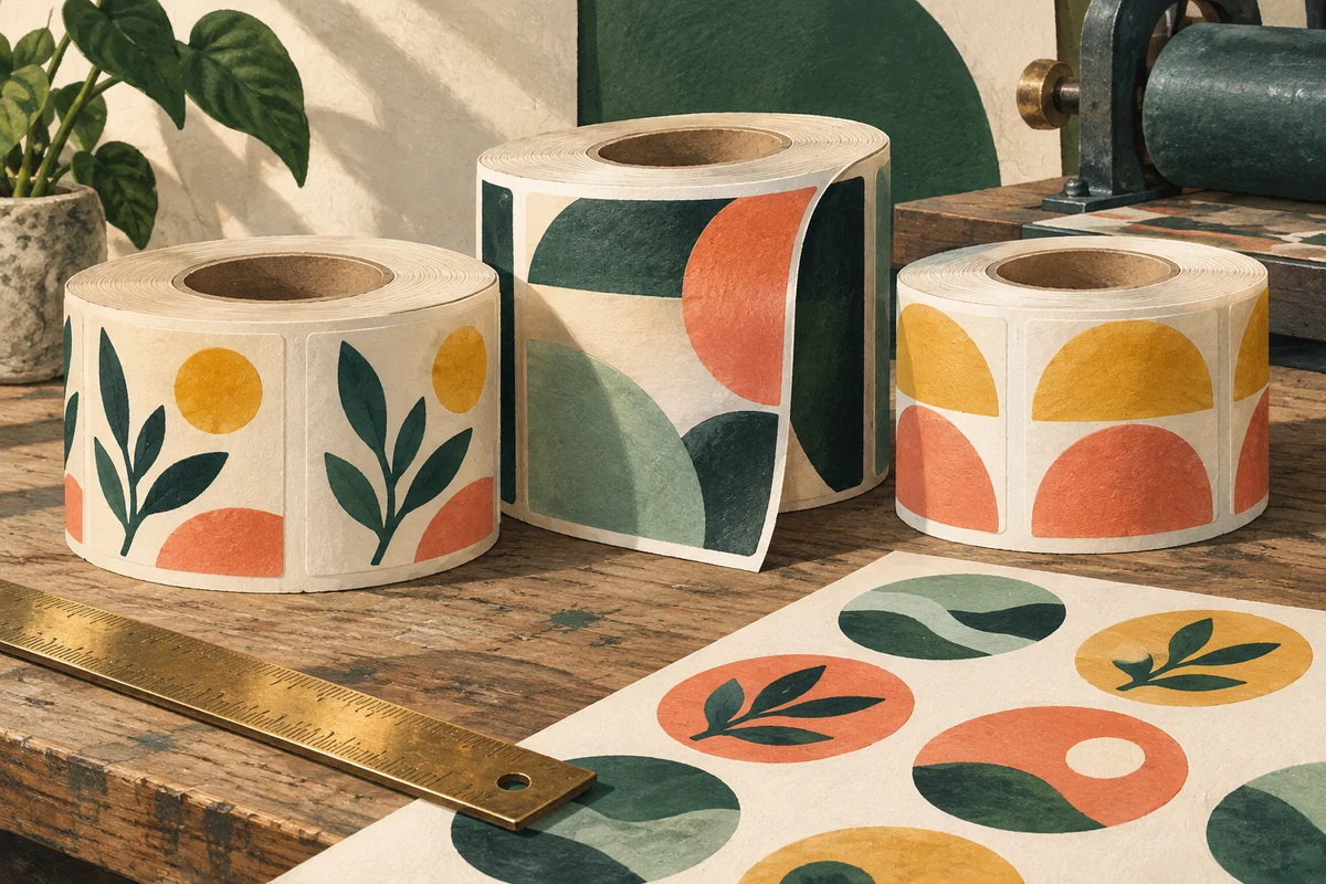 Illustration of colourful printed label sheets and rolls on a print studio workbench