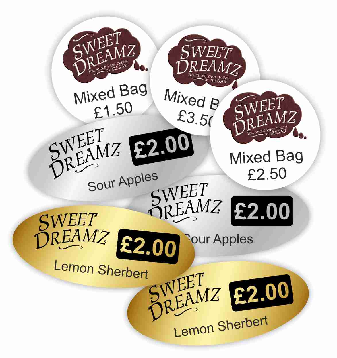 gold and silver chocolate shop labels