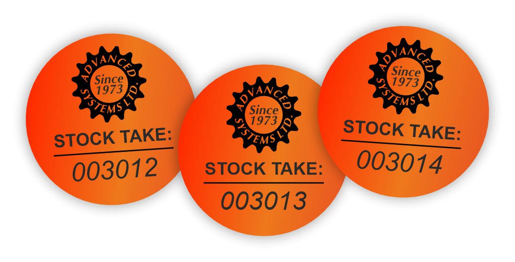 Circular numbered labels used for stock taking